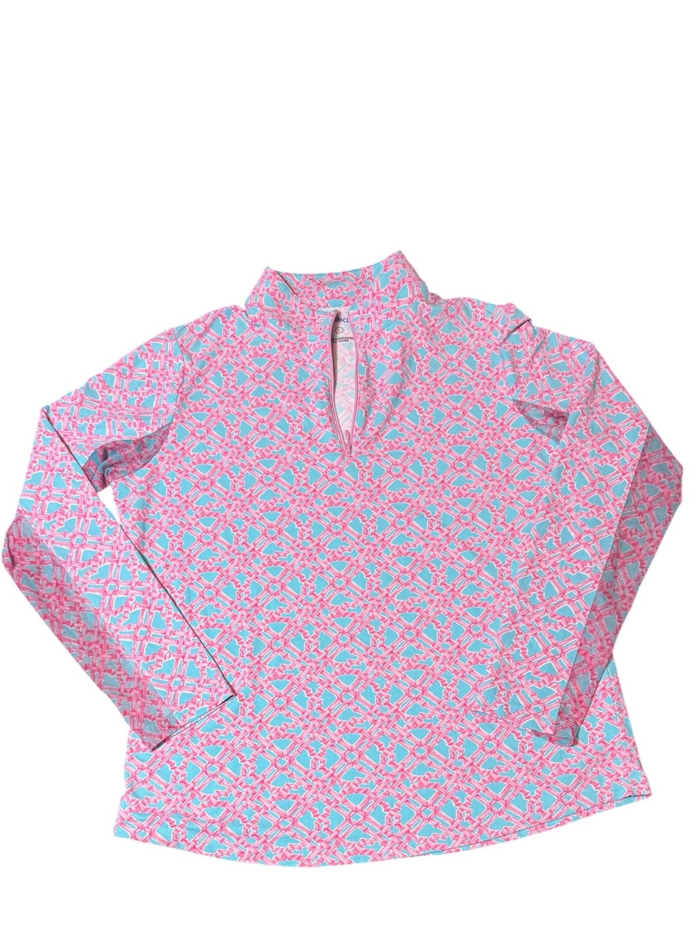 IBKUL Pink and Aqua Geometric Performance Top Semi Sheer Sleeves Women’s Size L